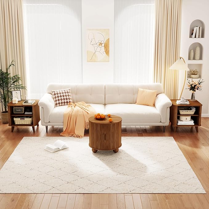 24" End Table with Charging Station, Farmhouse Round Fluted Wood Night Stand, Mid-Century Large Side Table with Storage & Sliding Door for Living Room, Bedroom (Round, Walnut)