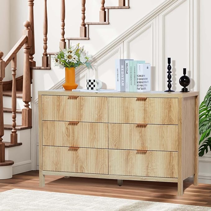 Fluted 6 Drawer Double Dresser for Bedroom, 47" Wide Modern Closet Dressers Chest of Drawers, Wood Storage Dresser Organizer for Nursery Bedroom Living Room Hallway Closet,Natural
