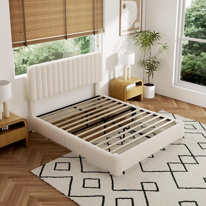 Queen Size Boucle Bed Frame, Upholstered Cloud Platform Bed Frame with Adjustable Headboard, Vertical Tufted, Soft Rounded Corners, No Box Spring Needed, Noise Free Design, Easy Assembly, Beige