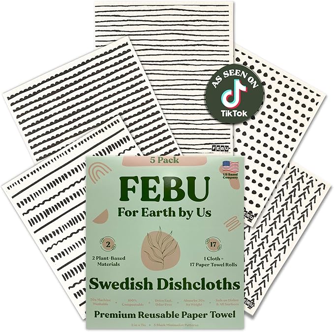 FEBU Swedish Dish Cloths 5 Pack Black Minimalist Washable Reusable Kitchen Dish Towels