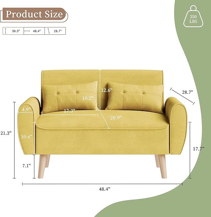Vongrasig 47" Modern Loveseat Sofa Mid Century Linen 2 Seat Couch Tufted with Back Cushions and Tapered Legs, Yellow