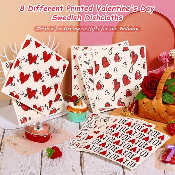 8 Pack Valentines Swedish Dishcloths Reusable Dish Towels Holiday