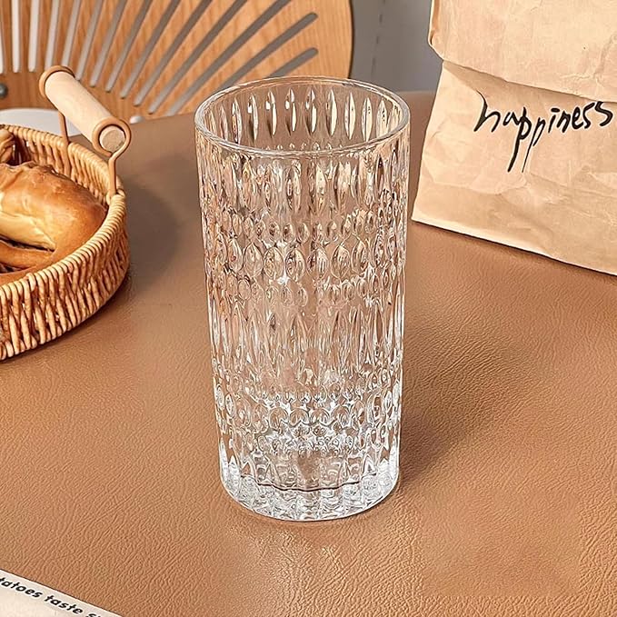 Highball Glasses Set of 4 15oz Vintage Glass Cups Fits Dinner Party - Unique Texture, Dishwasher Safe