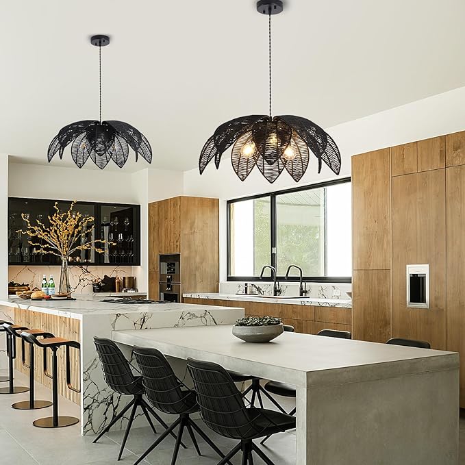 24” Black Boho Large Rattan Chandelier Light Fixture,3-Light Hand Woven Flower Chandelier Farmhouse Wicker Pendant Light for Kitchen,Living Room,Dining Room,Foyer, Bedroom