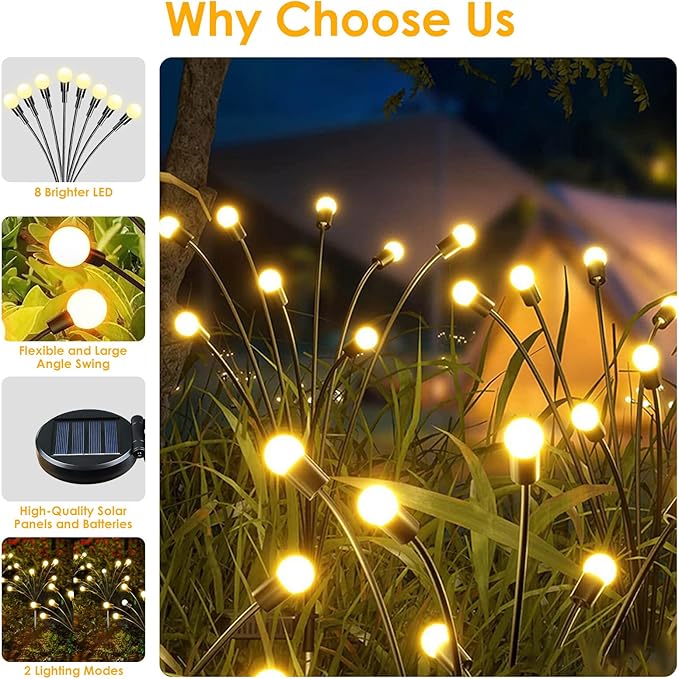 Solar Garden Lights, 8 Pack 64LED Solar Firefly Lights, Waterproof Garden Light Outdoor with 2 Lighting Modes, Swaying Light for Outside Yard, Walkway, Patio, Lawn, Flower Bed Decoration (Warm White)