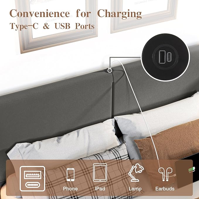 VECELO Twin Bed Frame with Type-C & USB Ports,Upholstered Platform Height-Adjustable Cotton and Linen Headboard,No Box Spring Needed, Noise-Free, Easy Assembly, Dark Grey