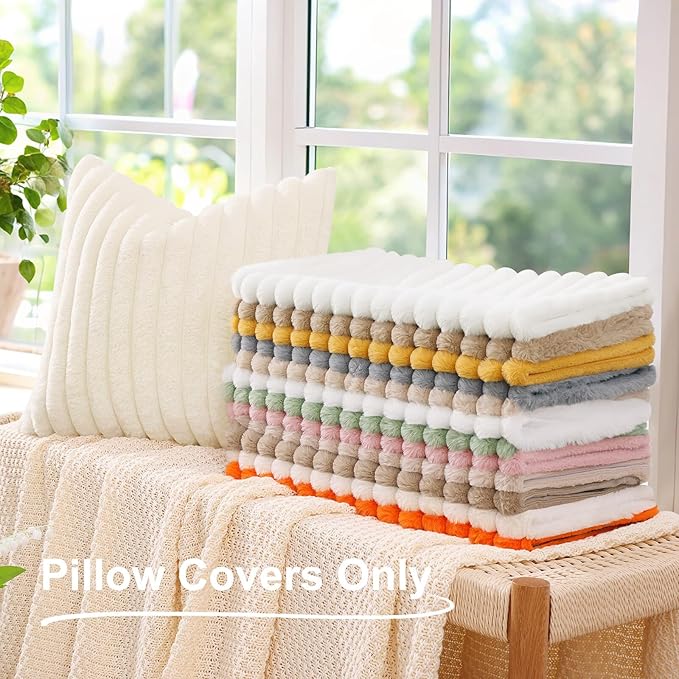 decorUhome Faux Fur Christmas Throw Pillow Covers 24x24 Set of 2, Decorative Soft Plush Striped Neutral Euro Pillow Covers with Velvet Back for Bed, Living Room Home Decor, Sage Green