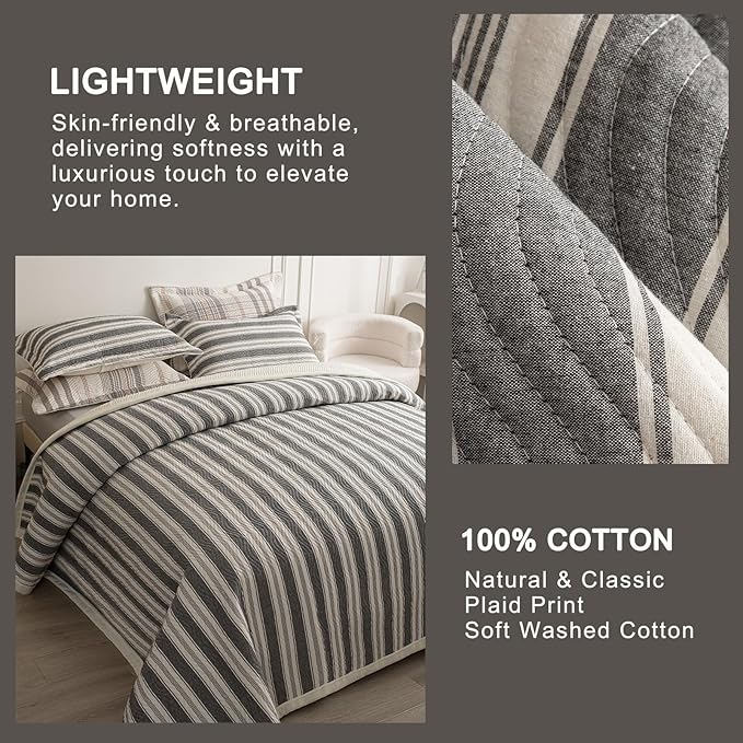 Cotton Striped Quilt Set King 3 Piece Lightweight Reversible Bedding, Stripe Grey White