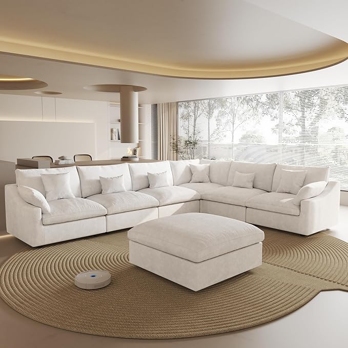 Cloud Couch for LivingRoom,153" U Shaped Modular Sectional Couch with Storage Ottoman,Down Filled 7 Seater Convertible Sleeper Sofa Bed Oversized Furniture,White