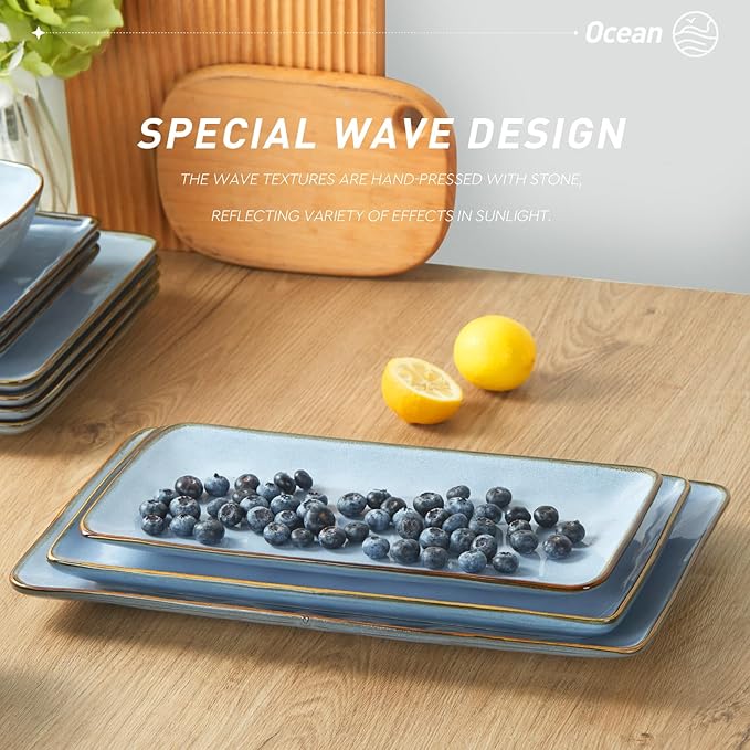 famiware Serving Platter, Rectangular 15.67/14.1/12.6inch Serving Dishes for Entertaining, Reactive Glaze, Stoneware for Party, Food, Turkey, Snack, Cheese, Ocean Series, Blue