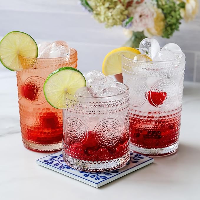 Kate Aspen Hobnail Beaded Floral Clear Drinking Glasses Set of 6, (10 oz) Vintage Glassware Set Cocktail Glass Set, Juice Glass, Water Cups | Great Hostess Gift & Gift for New Home Owners (Pack of 4)