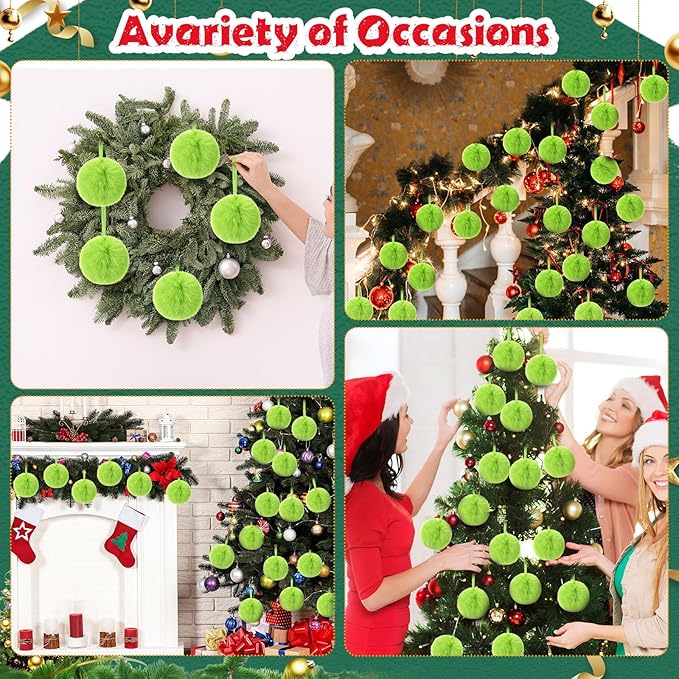 24 Pcs Green Furry Christmas Ball Ornaments for Tree 3.94 Inches Large Pom Pom Ball Christmas Hanging Decoration for Party Supplies Fireplace Mantel Wall Decor