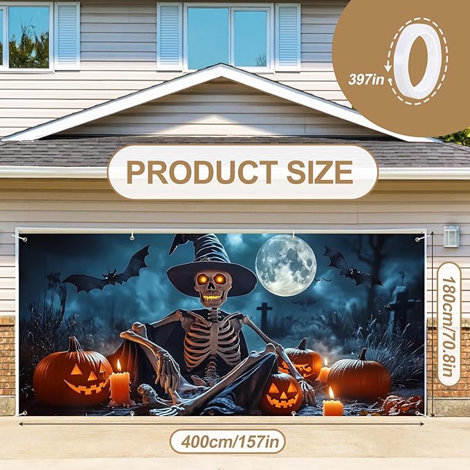 6 x 13 ft Halloween Garage Door Decorations Halloween decorations Witch Door Cover, Hanging Banner, Cauldron Backdrop Mural for Home, Outdoor, Indoor, Spooky Party, Wall, Window (Skull)