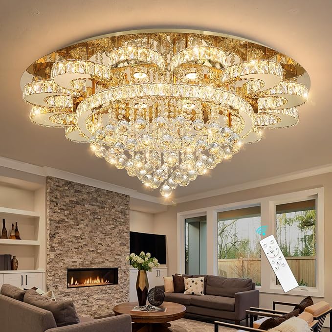 Modern Chandelier Living Room Light Glam Chandeliers Ceiling Light Fixture Remote Dimmable Lights 40 Inches Luxury Crystal Gold Dining Room Lights
