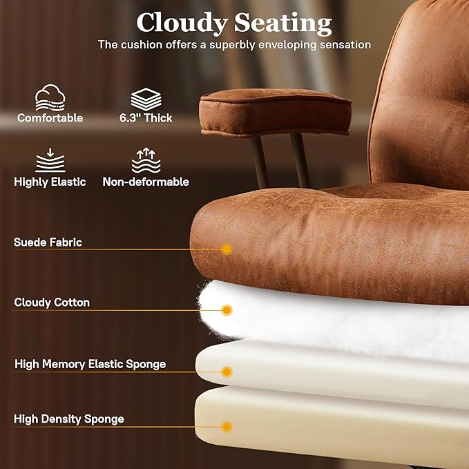 Mid Century Modren Big and Tall Office Chair,Large Ergonomic Executive Chair for Heavy Duty People, Desk Task Chair with Wheels, Faux Lether Fabric Wide Chair for Home Sturdy,Brown(Suede)