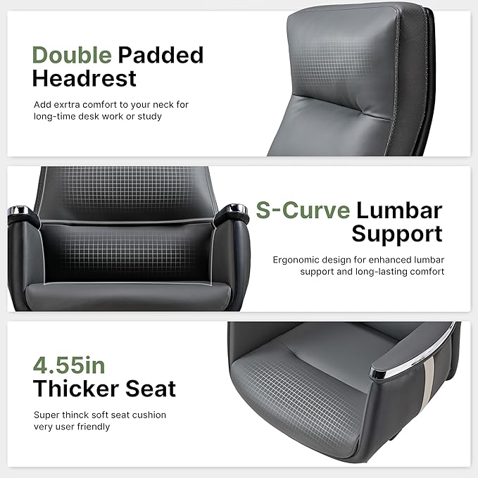 EUREKA ERGONOMIC Royal II Executive Office Chair High Back, Big and Tall with Extra Wide Seat, Silicone Leather Desk Chair Computer Chair, Modern Office Chair Home Desk Chairs-Gray