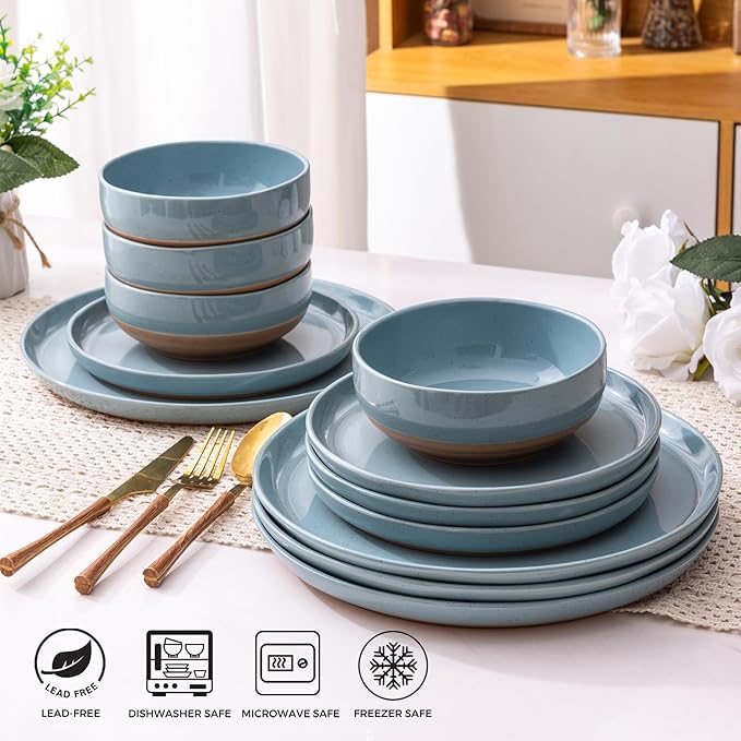 AmorArc Ceramic Dinnerware Sets for 8, 24 Pieces Handpainted Plates and Bowls Set with Rustic Terracotta Underside, Scratch Resistant Stoneware Dishes Set, Dishwasher & Microwave Safe, Stone Blue