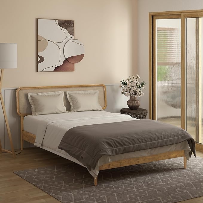 NTC Lupin Wooden Bed Frame with Headboard, Solid Oak and Rubber Wood Foundation with Silent Slats and Wood Central Supports, 1000 Lb Capacity, Queen - Teak Look