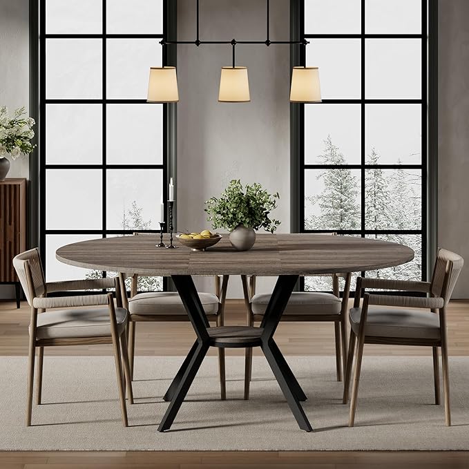 42"-58" Extendable Round Dining Table for 4-6, Kitchen Oval Table with Hidden Leaves & Storage Shelf, Space Saving Modern Design with Sturdy Metal Legs for Kitchen, Dining Room