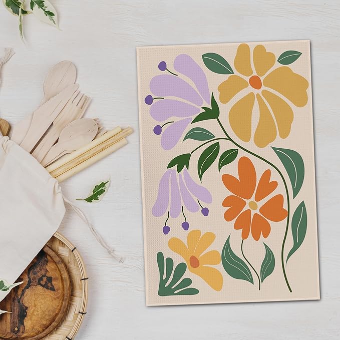 Boho Floral Dish Towels Vintage Abstract Flowers Waffle Weave Colorful Flower