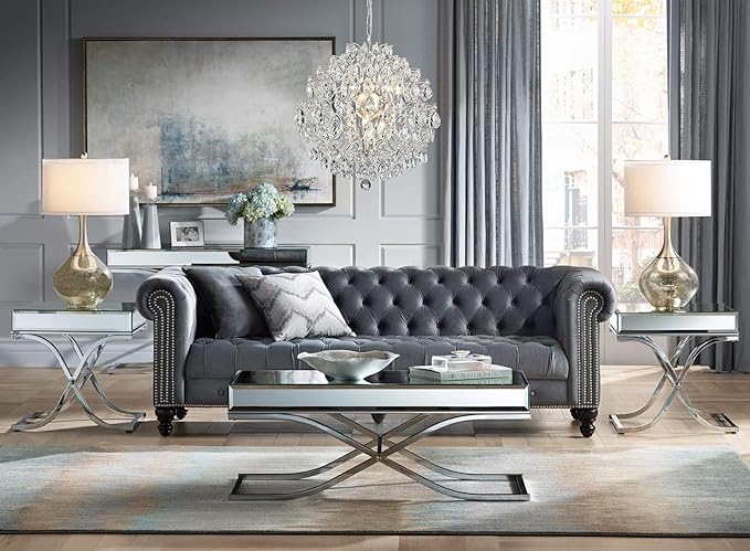 Bestier Silver Modern Pendant Chandelier Crystal Raindrop Lighting Ceiling Light Fixture Lamp for Dining Room Bathroom Bedroom Livingroom 6 E12 Bulbs Required D19 in x H21 in