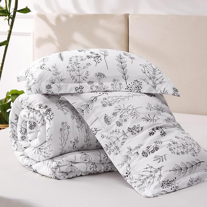 Bedsure Queen Comforter Set - Bright White Bed Set, 3 Pieces Cute Floral Bedding, 1 Soft Reversible Botanical Flowers Comforter and 2 Pillow Shams