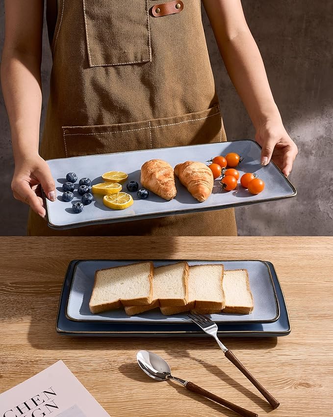 famiware Serving Platter, Rectangular 15.67/14.1/12.6inch Serving Dishes for Entertaining, Reactive Glaze, Stoneware for Party, Food, Turkey, Snack, Cheese, Ocean Series, Blue