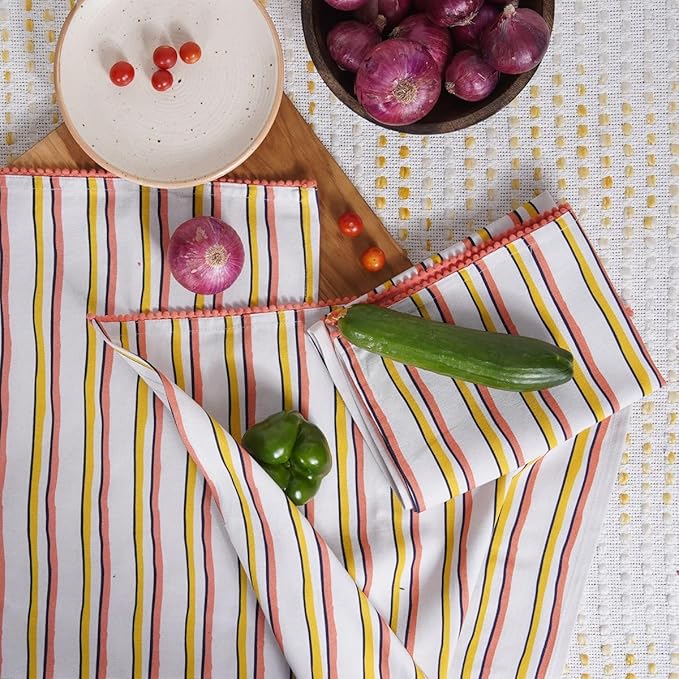 TARAN LIVING Printed Kitchen Dish Bar and Tea Towels Cotton, 18x28 inch with Trims, Cotton Dish Towel Sets (Yellow Stripes, Set of 6)