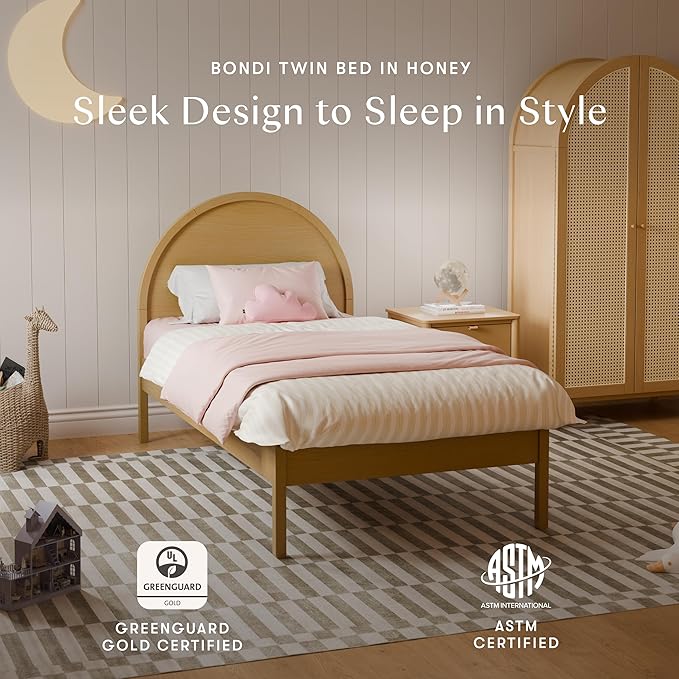 Babyletto Bondi Twin Bed for Kids - GREENGUARD Gold Certified - Twin Bed Frames with Arched Headboard - Universal Mattress Fit - No Box Spring Needed, Perfect for Boys/Girls Room & Guest Rooms, Honey