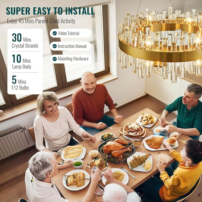 Siljoy Modern Crystal Chandelier 12-Light Brushed Gold 2-Tiers Crystal Raindrop Chandelier Adjustable Flush Mount Pendant Ceiling Light Fixture for Dining Living Room Foyer Entryway D23.6''