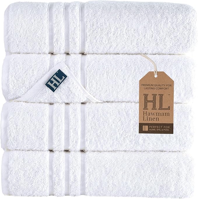 Hawmam Linen Bath Towels 4 Pack 100% Turkish Cotton Soft Lightweight and Highly Absorbent Quick Drying Towels, White