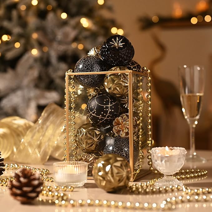 Valery Madelyn Ornaments for Christmas Trees, 16ct 2.36 Inches Black and Gold Shatterproof Christmas Tree Decorations, Luxury Hanging Ball Ornaments for Xmas Holiday Party Decor