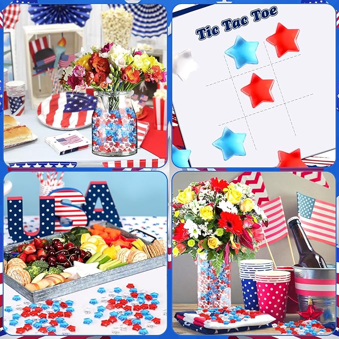 120 Pcs Patriotic Acrylic Star Translucent Crystals Gems Independence Day Memorial Day Veterans Day Remembrance Day 3D Star Shaped Gems for Vase Filler Ice Rocks,Table Scatter, Party Wedding