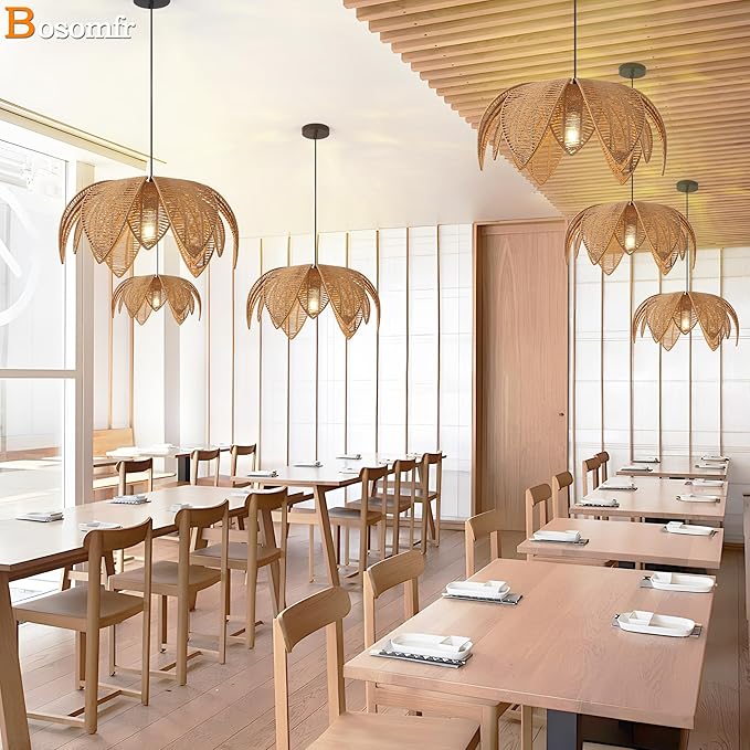 Hand Woven Rattan Chandelier, Boho Pendant Light 19.68 inches Wicker Light Fixture Suitable for Dining Room, Kitchen, Living Room, Farmhouse,E26 Lamp Base