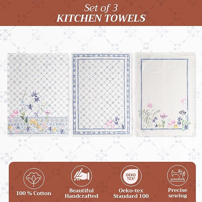 Maison d'Hermine Dish Towels 100% Cotton Absorbent Faience Set of 3 Spring Summer