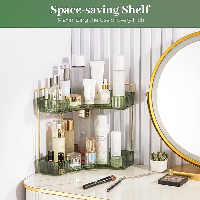 Aveniee Corner Bathroom Counter Organizer, Bathroom Countertop Shelf Makeup Organizer for Vanity Perfume Corner Storage (2 Tiers, Green)