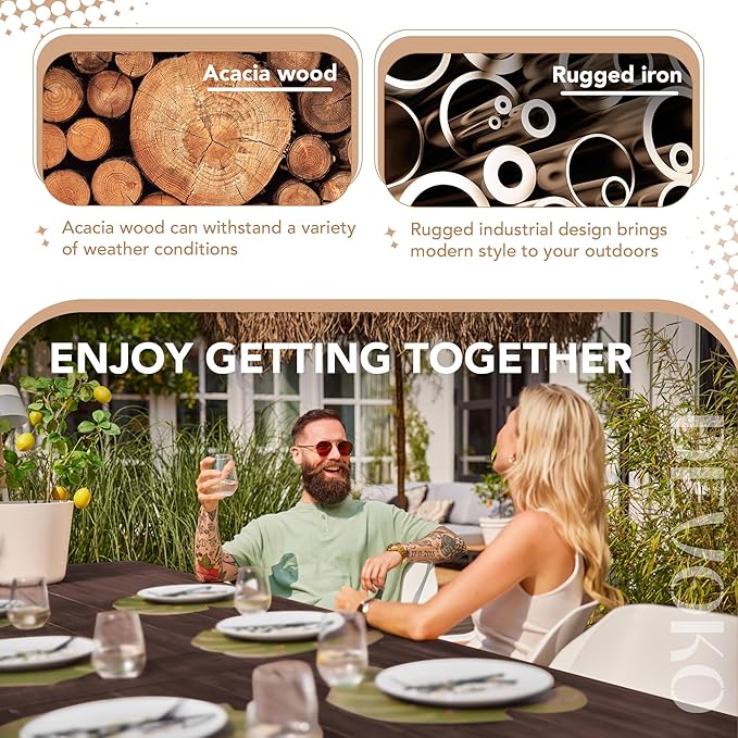 Devoko Home Acacia Wood Dining Table 6-Person Indoor Outdoor Table with Iron Legs, Sandblast Finish, Natural Stained, Rustic Metal, 69 * 33 * 30 inch (Espresso)
