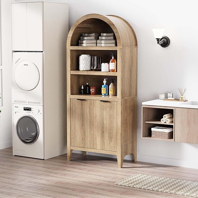 blini Arched Cabinet Bookshelf Oak Arch Bookcase with Doors, Wooden Curved Book Case 5-Tier Tall Round Top Bookshelves for Living Room