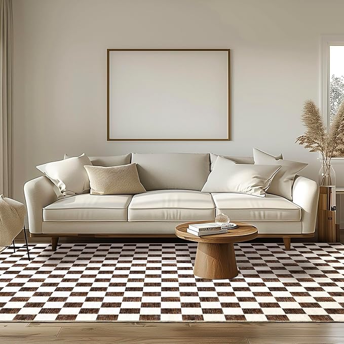 EVERGRACE Checkered Plaid Area Rug 8x10, Soft Fuzzy Faux Wool Rugs Washable Anti Slip Rugs Large Rug Carpet for Entryway Bedroom Living Room Hallway Kitchen Dining Room and Laundry Room, Dark Brown