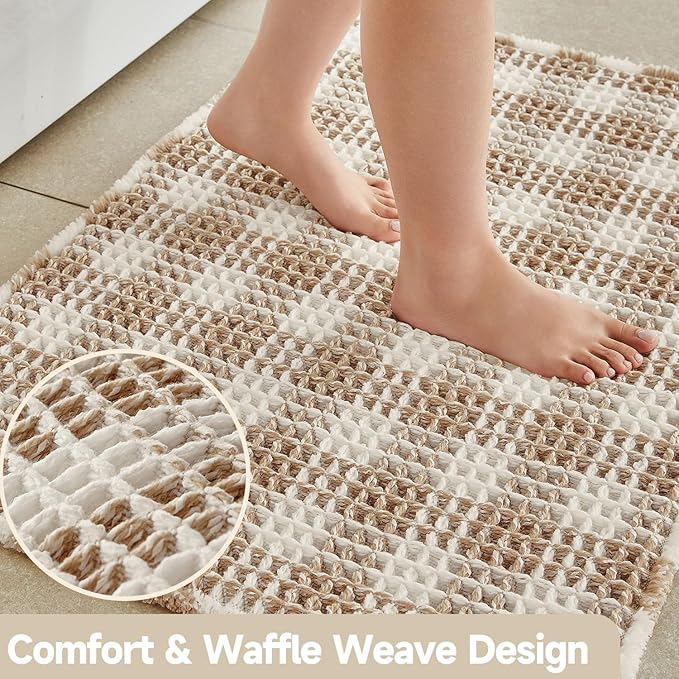 Waffle Runner Rug Bathroom, Long Boho Bathroom Rugs Non Slip Washable Absorbent Checkered Bathroom Mat Quick Dry Farmhouse Bath Mat, 60"x24" Khaki and White