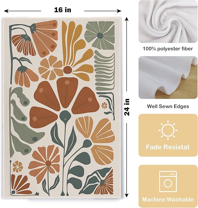 Abstract Boho Floral Kitchen Towels Retro Groovy Vintage Boho Floral