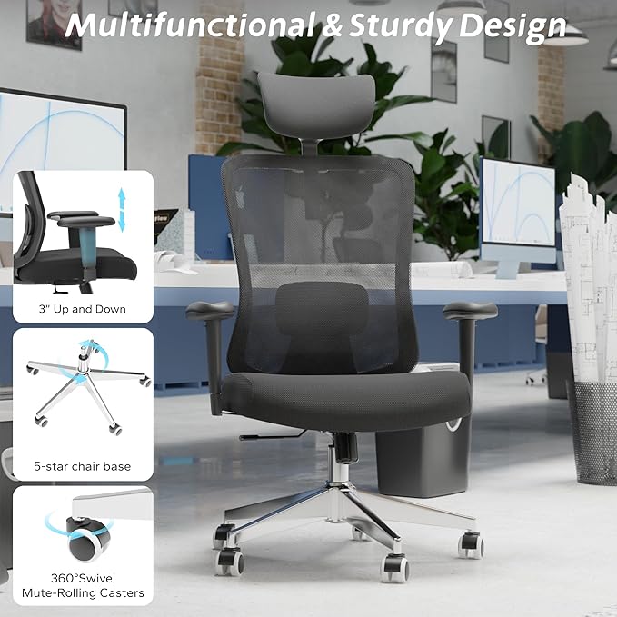 Ergonomic Office Chair with Adjustable Lumbar Support & Flip-Up Armrests - High Back Desk Chair with Thickened Seat Cushion, Rolling Wheels for Home/Office Study Work (05black)