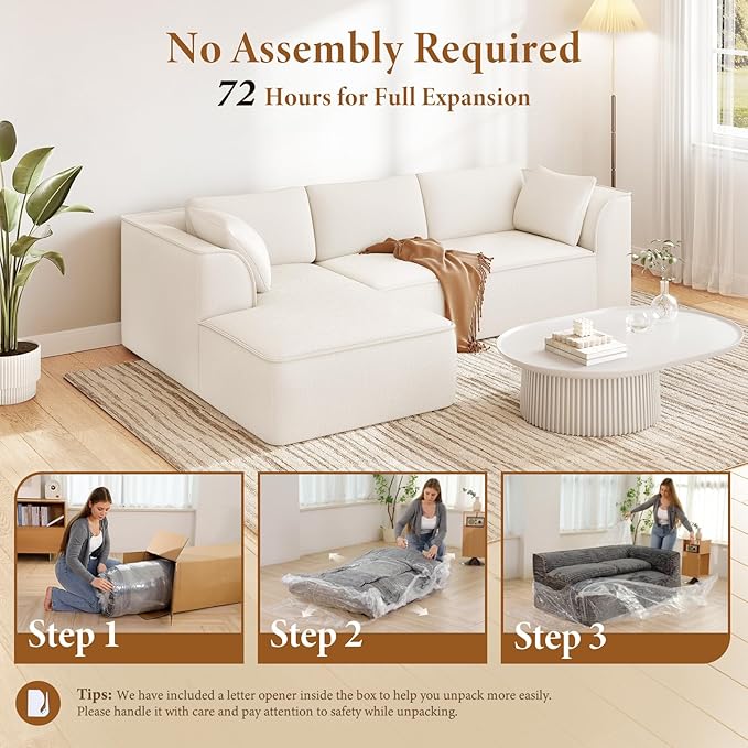 Vesgantti 106" Cloud Couch Sectional Modular Sofa, Deep Seat Comfy Cloud Couch Chenille Sofa Modular Couches for Living Room Bedroom, No Assembly Required (Beige, Left-Facing Chaise)