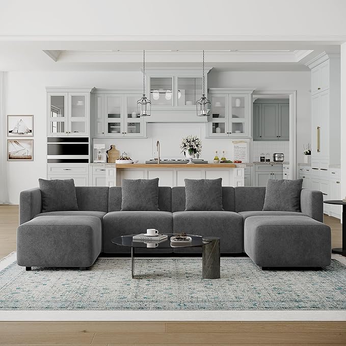 Acanva Convertible Modular Sectional Sofa, Modern Linen-Like Fabric Living Room Furniture Set with Reversible Chaise Lounge, Grey U-Shape Couch