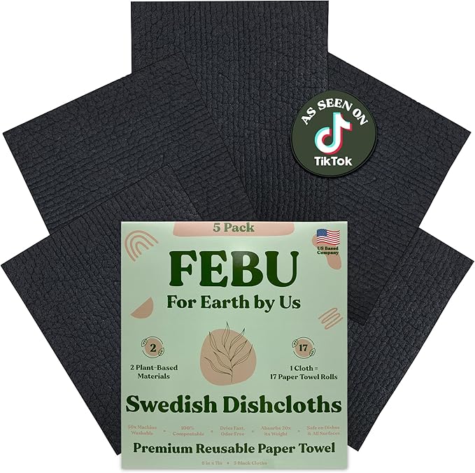 FEBU Swedish Dishcloths for Kitchen 5 Pack Black Reusable Washable Absorbent Dish Towels