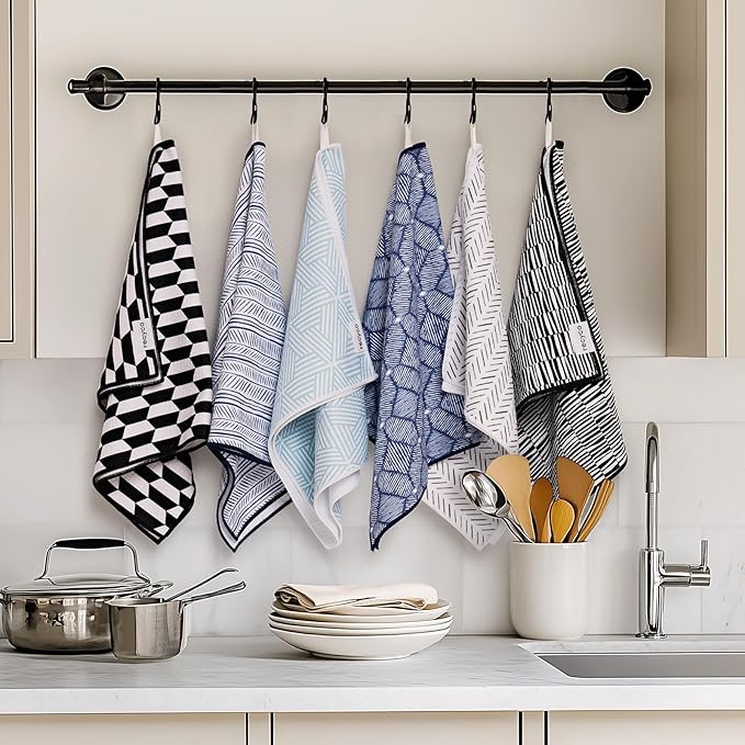 RECYCO Waffle Kitchen Towels Set of 2 Quick Dry Microfiber Sustainable Lightweight Hand Towels Black White Mirage 16x28