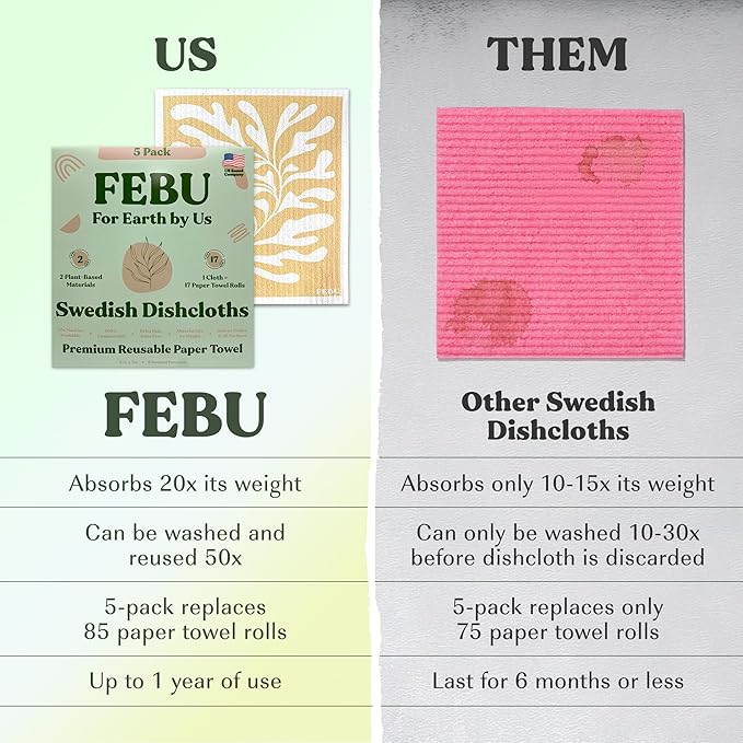 FEBU Swedish Dishcloths 5 Pack Neutral Washable Kitchen Dish Towels
