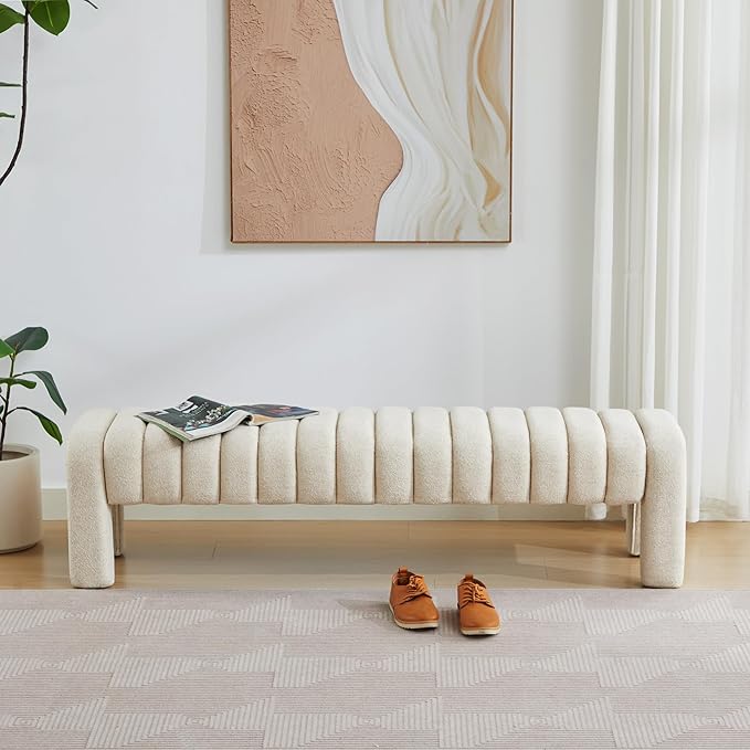 63’’ End of Bed Bench, Modern Linen Entryway Bench, Upholstered Ottoman Stool with Extra Length, Full Coverage Fabrics, Ottoman for Bedroom, Living Room, Dining Room, Beige
