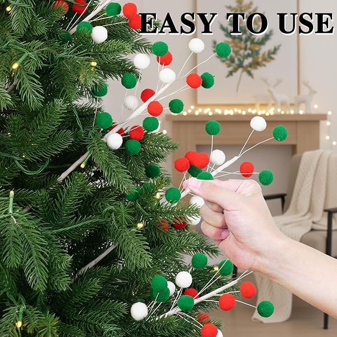 6 Pcs Pom Poms Christmas Decorations & Felt Christmas Picks and Sprays DIY Xmas Tree Toppers, Festive Tree Filler & Decor (Xmas Color)