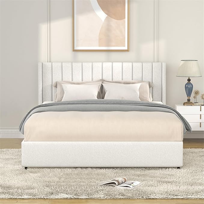 Queen Size Boucle Upholstered Platform Bed Frame with Vertical Stripes Tufted Headboard 2 Drawers Storage Wooden Slat Mattress Support Easy to Assemble No Box Spring Needed Noise Free No Slip Ivory